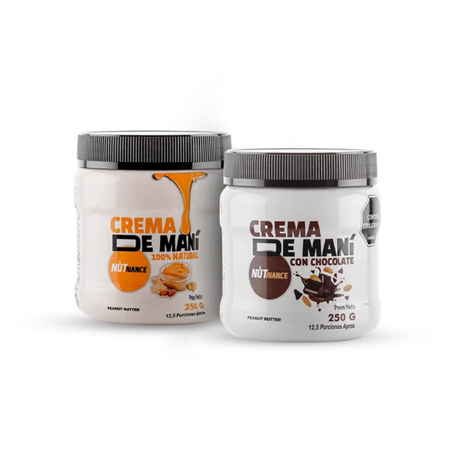 Dúo Premium Crema de Maní chocolate 250 gramos Crema de Maní natural 250 gramos Nutrición Proteínas Deportiva