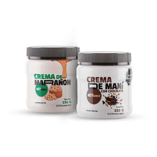 Duo Delux Crema de Maní chocolate 250 gramos Crema de marañón 250 gramos Nutrición Proteínas Deportiva