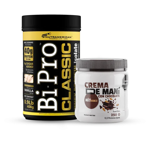 BIPRO 1 LB VAINILLA CON CREMA DE MANI DE CHOCOLATE 250 GRAMOS Nutrición Proteínas Deportiva